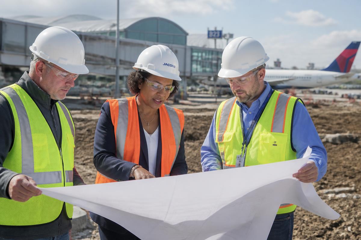 Christina Howard reviewing plans at an airport project site